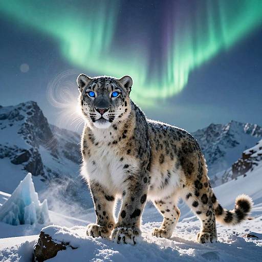 Armored Snow Leopard–Lion Beneath Dancing Aurora