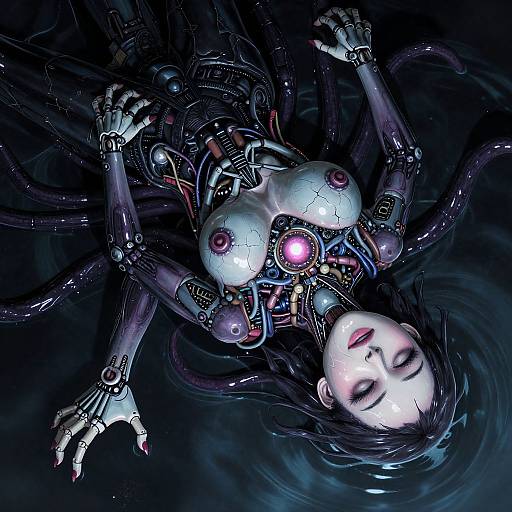 Digital artwork of a cybernetic woman with black hair, glowing purple eyes, and exposed breasts, floating in dark, swirling water, surrounded by metallic