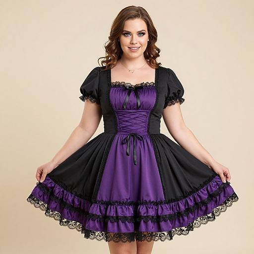 Photograph of a smiling woman with wavy brown hair, wearing a black and purple gothic-style dress with lace trim, holding out the skirt against