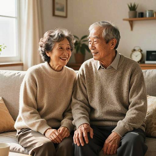 Photograph of an elderly Asian couple smiling, sitting on a beige sofa in a sunlit living room, wearing beige knit sweaters.