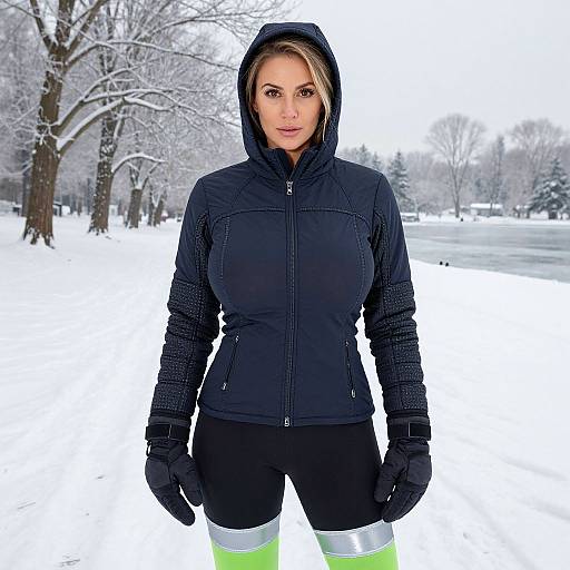 Photograph of a fit woman with light skin and brown hair, wearing a black hooded jacket, black gloves, black shorts, and green-and-white