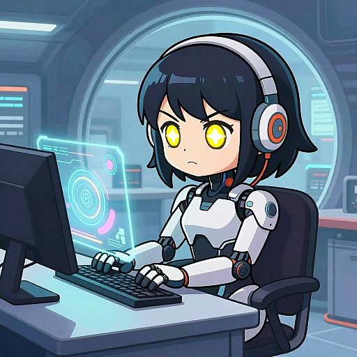 Chibi Anime Cyborg Girl at Computer