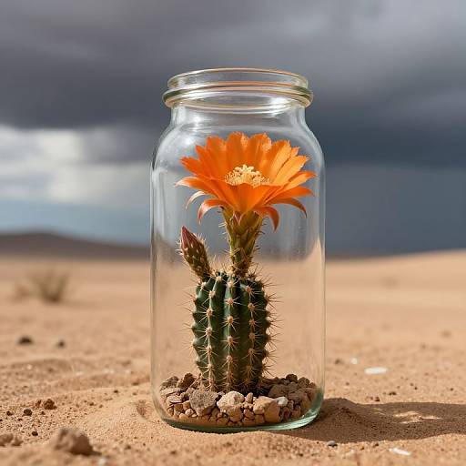 Photograph of an orange desert flower blooming inside a clear glass jar, containing a small spiny cactus, on sandy desert ground with a dramatic