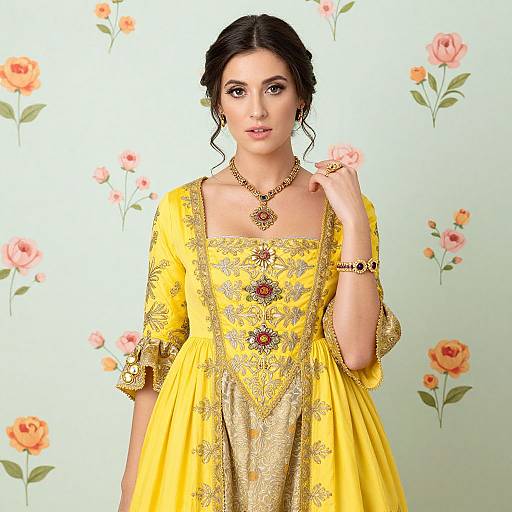 Photograph of an Indian woman with dark hair in a yellow, intricately embroidered traditional dress, adorned with gold jewelry, set against a floral-patterned