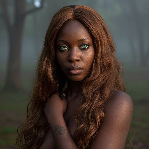 Photorealistic digital portrait of a beautiful, dark-skinned African woman with glowing green eyes, long wavy auburn hair, and a tattoo
