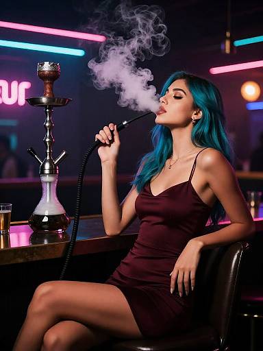 Glamorous Turquoise Hair Woman Smoking Shisha