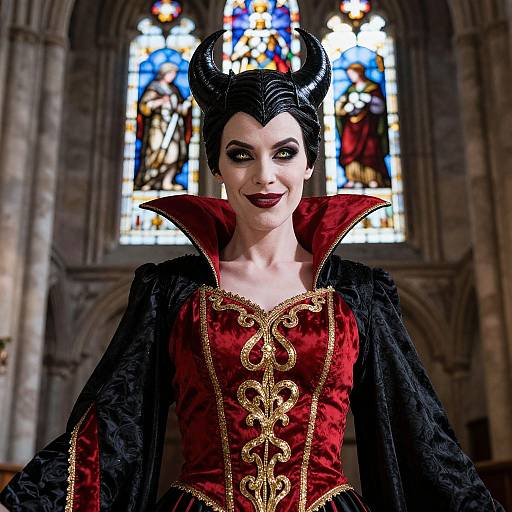 Photograph of a pale-skinned woman in Gothic-style black and red costume with high collar and ornate gold embroidery, standing in front of colorful stained