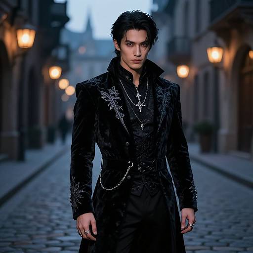 Photograph of a handsome, dark-haired man in a black, ornate velvet coat with silver chains and cross, standing confidently on a cobblestone