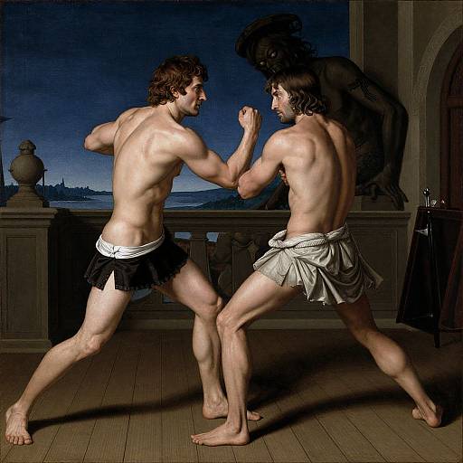 Photograph of two muscular, shirtless men in ancient-style loincloths boxing, illuminated by a blue twilight backdrop in a classical-style room.