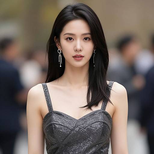 Photograph of an East Asian woman with long black hair, wearing a sparkly black dress and dangling earrings, standing in a blurred outdoor crowd.