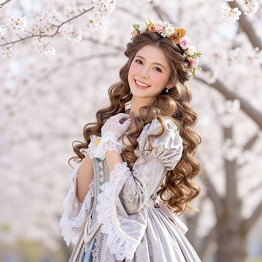 Photograph of a smiling Asian woman with long, wavy brown hair, wearing a silver lace dress and flower crown, standing in a sunlit,