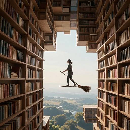 Silhouetted witch flying on broomstick between towering, book-filled library shelves, with a bright sky and distant landscape below. Digital art.