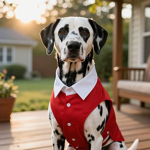 Photograph of a Dalmatian wearing a red button-up jacket with a white collar, sitting on a wooden porch at sunset.