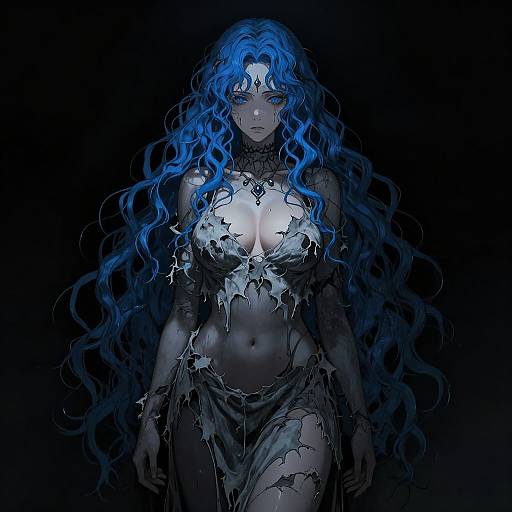 Digital illustration of a blue-haired, blue-eyed, fair-skinned woman with long, wavy hair and torn black clothing, standing against a dark background