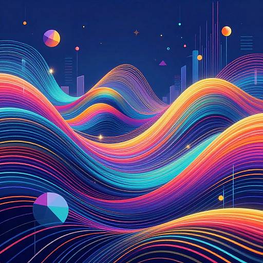 Digital abstract art: Vibrant, wavy neon lines in pink, blue, and orange on a deep blue background with floating colorful spheres and geometric shapes