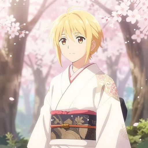 Digital anime-style drawing of a blonde-haired girl with brown eyes, wearing a white kimono with a floral-patterned obi, standing in a sun