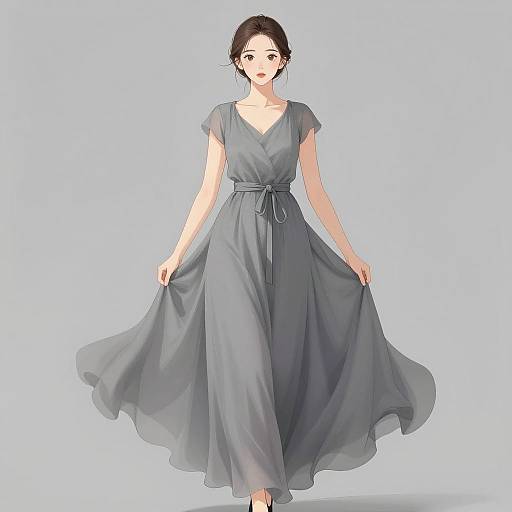 Anime Woman in Flowing Gray Dress