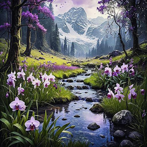 Serene Fantasy Meadow with Violet Orchids