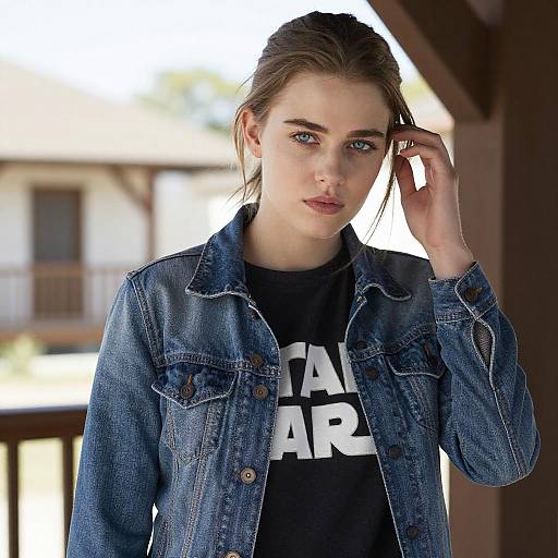 Photograph of a young woman with light skin and blue eyes, wearing a denim jacket over a black 