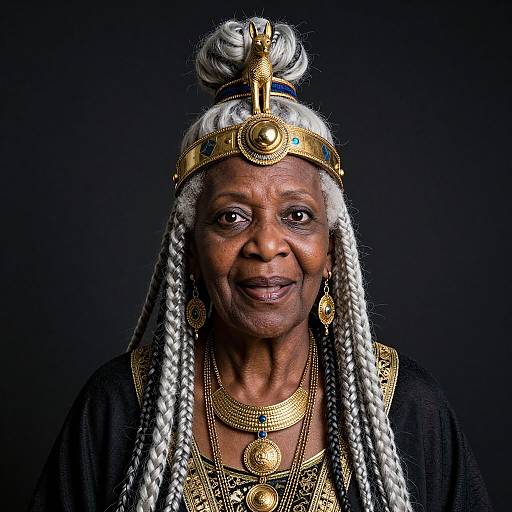 Photograph of an elderly African woman with silver braided hair, wearing a golden headdress, black robe, and intricate gold jewelry, against a dark