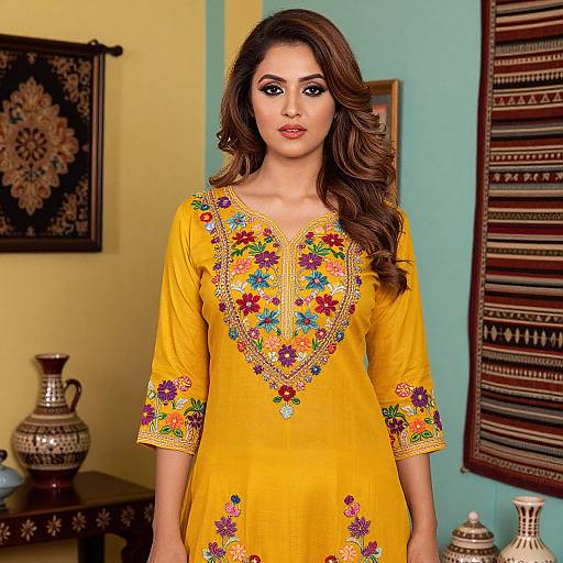 Photograph of a woman with long brown hair, wearing a yellow kurta with colorful floral embroidery, standing in a room with traditional decor.