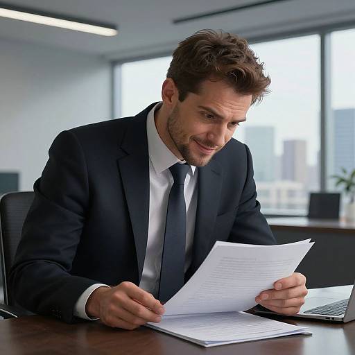 Photograph of a handsome, brown-haired man in a black suit, white shirt, and black tie, smiling while reading documents at a wooden office desk