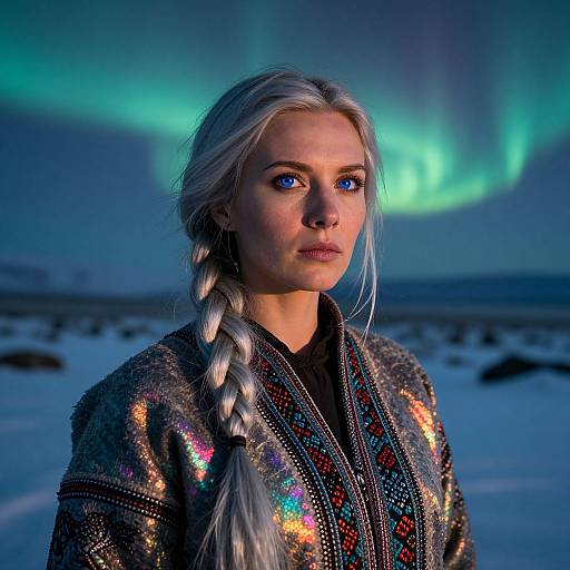 Photorealistic digital artwork of a blonde woman with blue eyes, braided hair, wearing a sparkly, patterned top, standing in a snowy