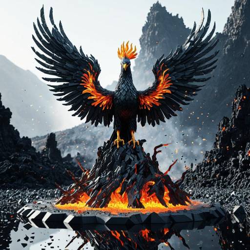 3D Phoenix Sculpture in Volcanic Landscape