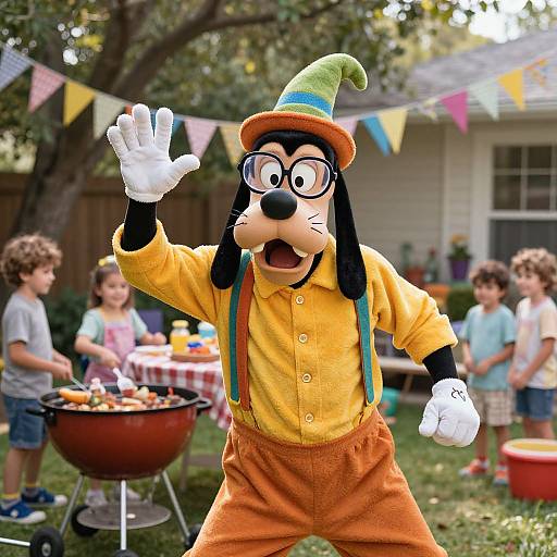 Photograph of Goofy in a yellow shirt, orange pants, green hat, and white gloves, waving at children at a backyard barbecue.