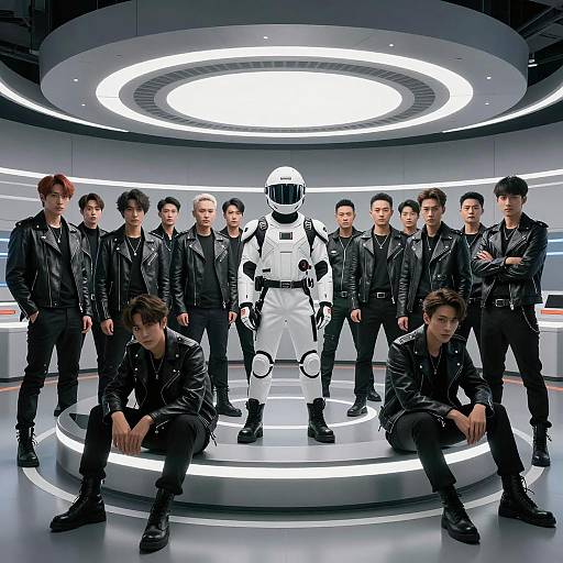 Group of Men in Leather Jackets with Futuristic Central Figure