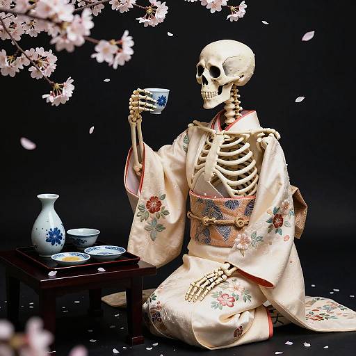 Elegant Skeleton in Embroidered Kimono