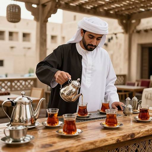 Photograph of a bearded Middle Eastern man in a white thobe and white headscarf, pouring tea from a silver teapot into glass cups