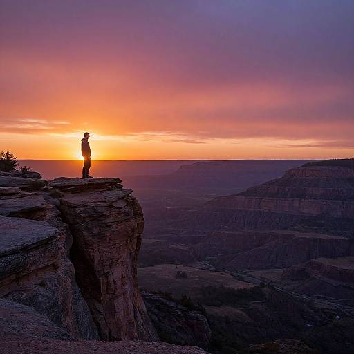Photograph of a lone silhouette standing on a cliff at sunset, with a vibrant orange and purple sky over a vast canyon landscape.