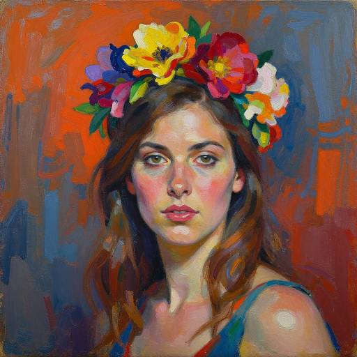 Digital painting of a young woman with fair skin, brown wavy hair, and a colorful flower crown, set against a vibrant orange and blue abstract background