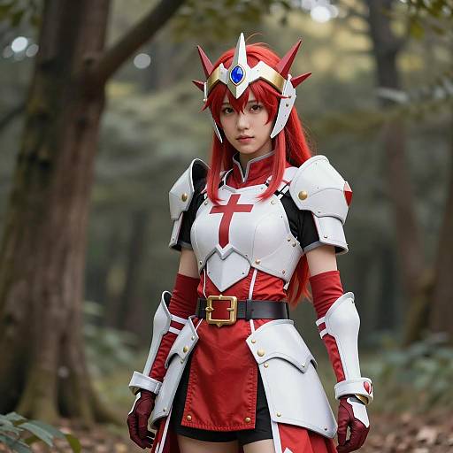 Female Anime Cosplayer in Red and White Armor