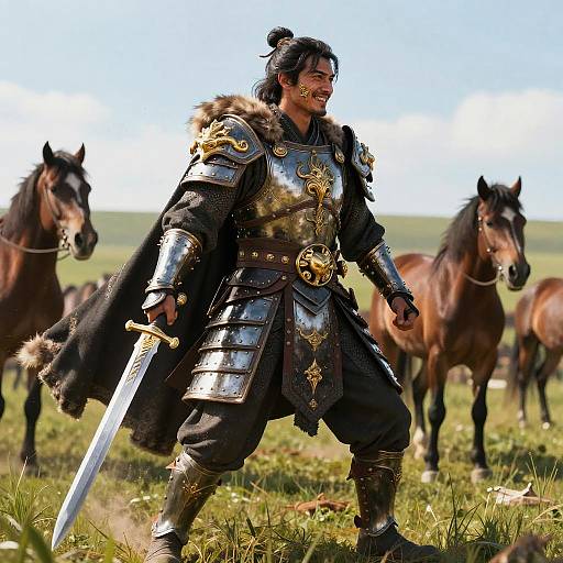 Digital artwork of a smiling, dark-haired warrior in elaborate, shiny armor with fur trim, holding a sword, standing with two horses in a sunny grass