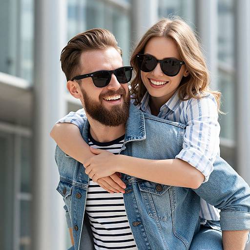 Photograph of a smiling bearded man with brown hair wearing black sunglasses and a denim jacket, being hugged from behind by a laughing woman with blonde hair
