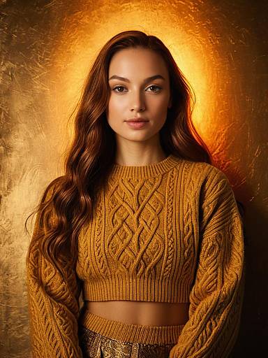 Woman in Mustard Cable Knit Two-Piece Set