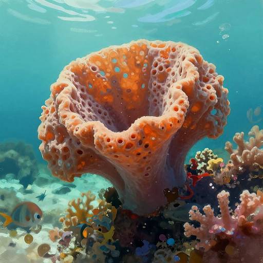 Photograph of vibrant, orange, sponge-like coral with numerous holes, underwater in a blue, sunlit ocean, surrounded by colorful coral and small fish