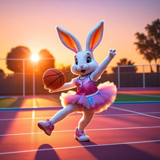 Rabbit in tutu playing basketball at sunset