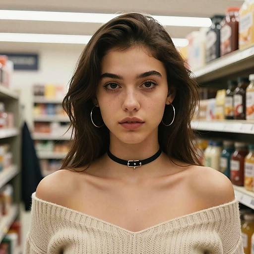 Photograph of a young woman with long brown hair, wearing a black choker, white off-shoulder knit sweater, and hoop earrings, standing