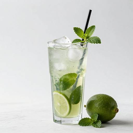 Photograph of a refreshing minty lime drink in a clear glass with ice, lemon slice, and mint leaves, topped with a black straw, and