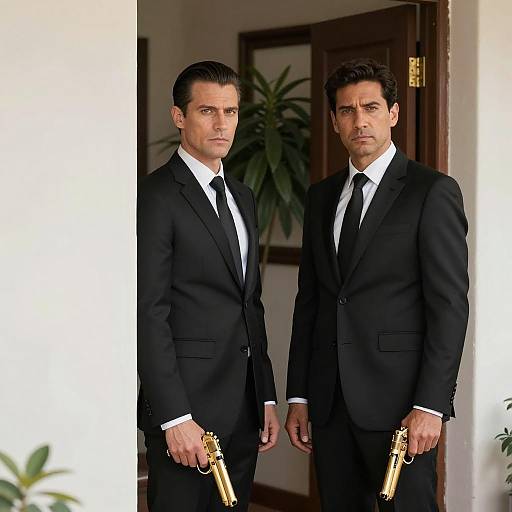 Two Suited Men with Gold Pistols