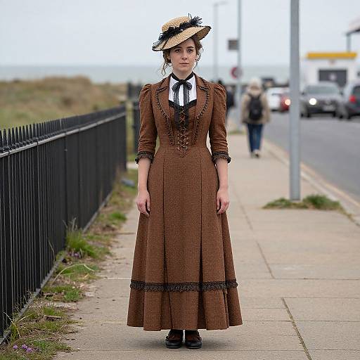 Photograph of a young woman in a Victorian-style brown dress with black lace, white collar, and black hat, standing on a sidewalk beside a black