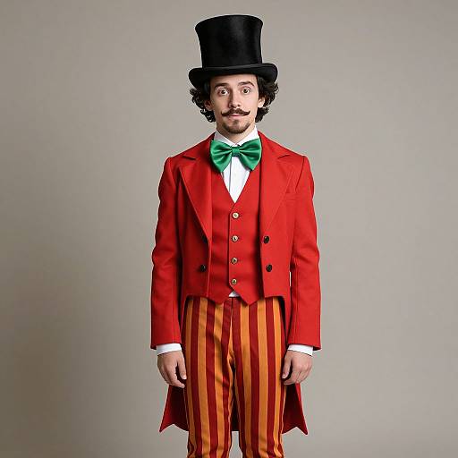 Photograph of a man in Victorian circus attire: black top hat, red jacket, green bow tie, white shirt, and orange-striped pants. Neutral