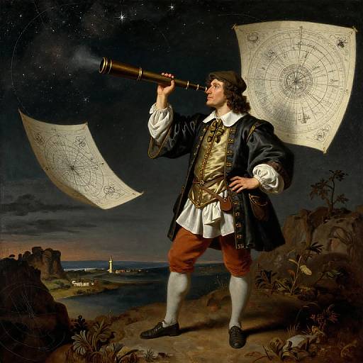 Baroque painting of a 17th-century man in elaborate attire, gazing through a telescope, with celestial maps floating in the night sky.