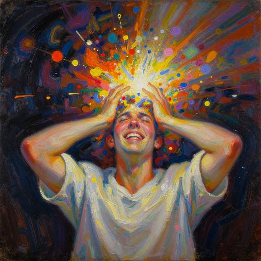 Vibrant oil painting of a smiling man in a white shirt, hands covering his head with colorful light bursts radiating from his forehead against a dark