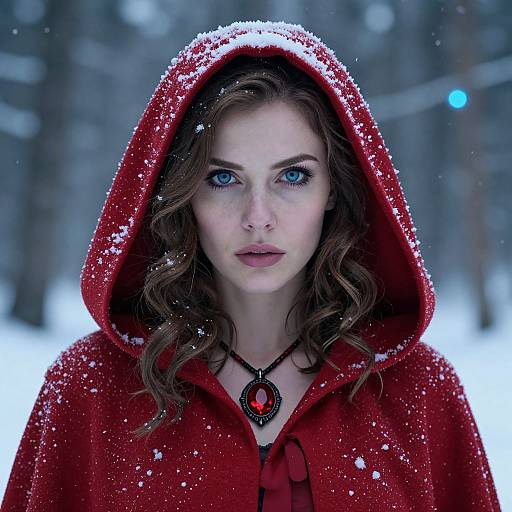 Photograph of a fair-skinned woman with blue eyes, wearing a snow-covered red hooded cloak, featuring a black pendant with a red gem,