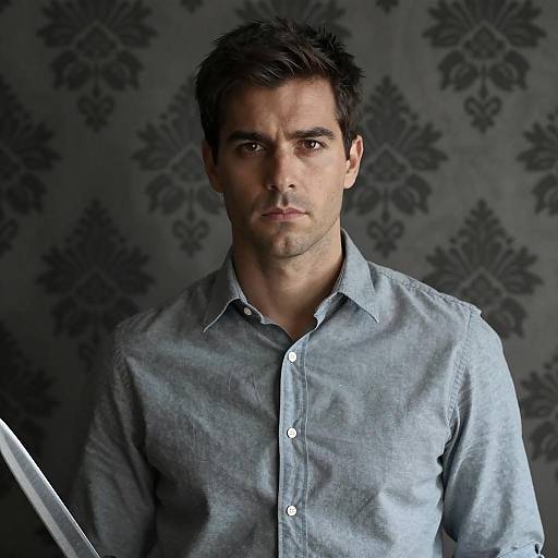 Serious Man with Knife and Patterned Wallpaper