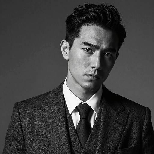 Black-and-white photograph of a serious Asian man with short, dark hair, wearing a textured suit, white shirt, and black tie, against a gradient